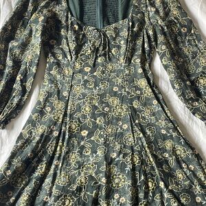 J. Crew Green and Gold Long Sleeve A-Line Dress